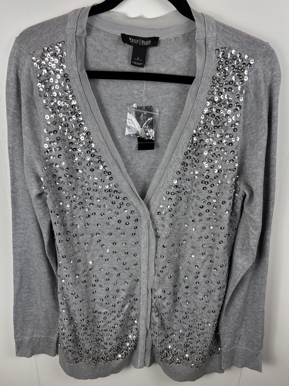 NWT WHBM Silver Grey Sequin Beaded Cardigan Sweater sz L V-Neck Sparkly Shiny